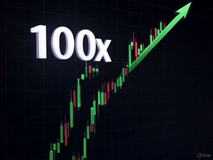 A candlestick chart displays a strong upward trend with a bold green arrow pointing diagonally to the top right, alongside the text "100x" rendered in large 3D lettering, visually representing the post's enthusiasm for finding a meme coin that could deliver massive returns.