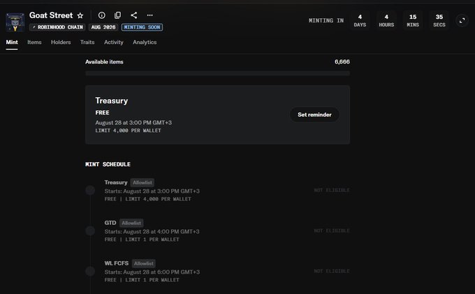 A dark-themed webpage for the 'Goat Street' NFT minting event on the Rootwood Chain, showing a mint schedule starting August 28 with categories like 'Treasury', 'GTD', and 'WL FCFS'.