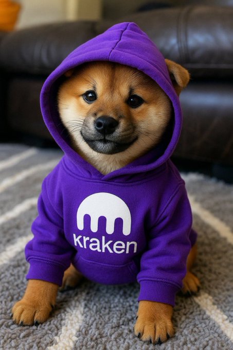 A Shiba Inu puppy wearing a purple 'kraken' hoodie, sitting on a gray rug in front of a black leather couch.