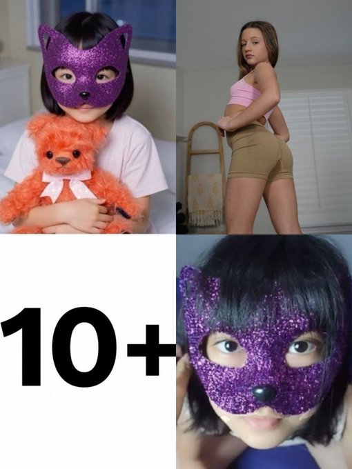 A collage showing three photos of young girls—one in a purple cat mask holding an orange teddy bear, another posing in a pink top and shorts, and a third in a close-up of the purple cat mask—alongside large text reading "10+," posted via the Telegram channel "t.me/GBVVIPOCILSS," likely promoting content restricted to users aged 10 and older.
