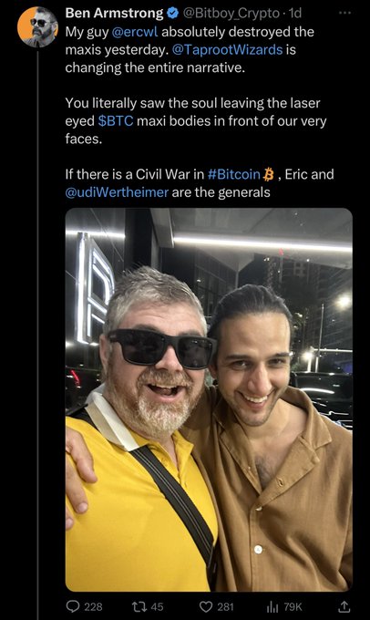 In this image, Ben Armstrong is pictured with Eric, whom the tweet refers to as a "general" in a "Civil War in #Bitcoin".