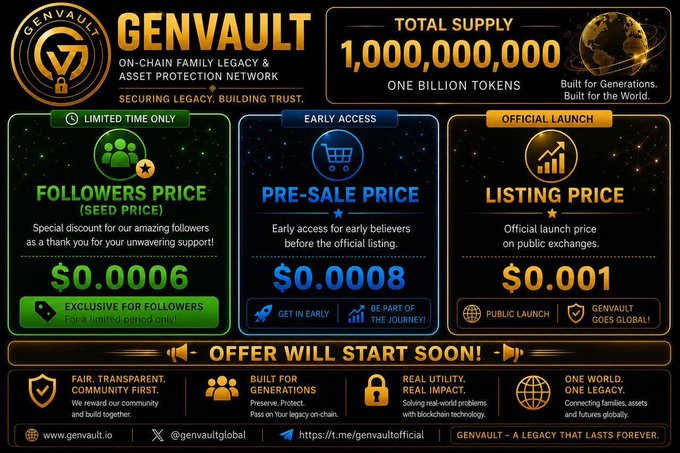 A promotional graphic for 'GENVAULT' on-chain family legacy network, showing total supply of 1,000,000,000 tokens with pricing tiers including Followers Price ($0.0006), Pre-Sale Price ($0.0008), and Listing Price ($0.001).