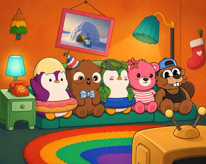 Five cartoon animal characters, including a penguin, otters, and a beaver, sit together on a couch watching TV in a cozy orange room.
