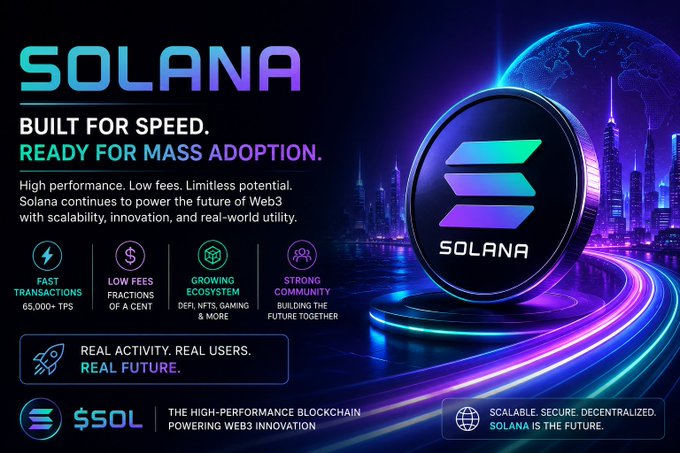 A promotional banner for 'SOLANA' highlights features like 'BUILT FOR SPEED. READY FOR MASS ADOPTION' with a glowing Solana coin and neon cityscape.
