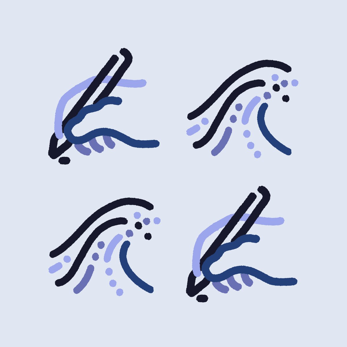 A 2x2 grid of stylized wave illustrations in blue and navy tones, with the top-left/bottom-right showing flowing wave-like forms and the top-right/bottom-left depicting cresting waves with scattered droplets. The artwork represents the "Making Waves" theme of a co-creation piece (@GLiFSbyEfdot, #2266), using a consistent blue color palette and fluid, brushstroke-style lines to capture ocean wave motifs across four complementary variations.