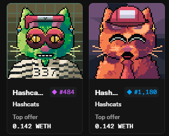 Two pixel-art 'Hashcats' NFT listings are displayed side-by-side, each showing a top offer of 0.142 ETH for Hashcats #484 (a green cat with goggles) and Hashcats #1,180 (an orange cat with a cap).