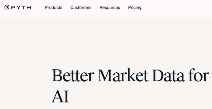 A clean website header for 'PYTH' shows the company logo and navigation links for 'Products', 'Customers', 'Resources', and 'Pricing' above the large headline 'Better Market Data for AI'.