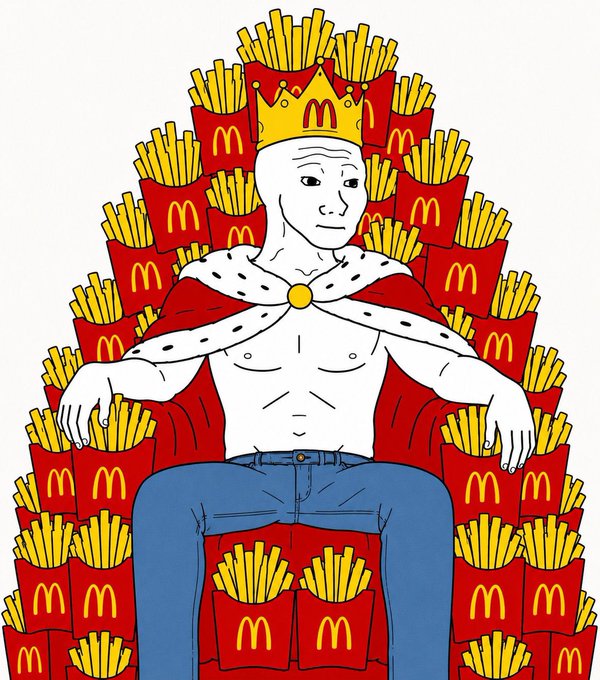 A 'Wojak' style illustration of a shirtless man wearing a McDonald's French fry crown and cape, sitting on a throne of McDonald's fries, representing the 'Fry King' meme.