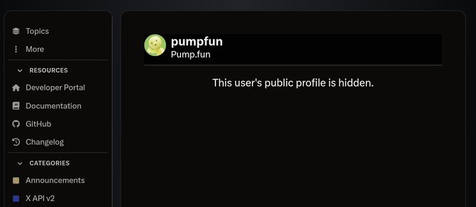 The image shows a forum page where the user "pumpfun" has a hidden public profile, with a sidebar containing links to Topics, Resources (Developer Portal, Documentation, GitHub, Changelog), and Categories (Announcements, X API v2). This is presented as proof of the connection between the $SMISKI narrative and PumpFun's profile, suggesting the platform has acknowledged the project.