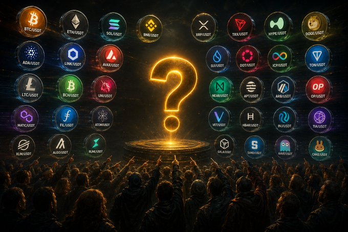 Crowd of people facing a glowing orange question mark with various cryptocurrency coin icons (BTC, ETH, SOL, BNB, XRP, TRX, HYPE, DOGE, ADA, LINK, AVAX, SUI, DOT, KAS, TON, LTC, BCH, UNI, NEAR, APT, ARB, OP, MATIC, FIL, ATOM, VET, HBAR, INJ, TAO, XLM, ALGO, BLUR, GAL, SAND, MANA, CAKE) floating around it.