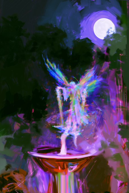 A vibrant digital painting of a glowing, multi-colored hummingbird hovering over a birdbath under a full moon, surrounded by dark, painted foliage.