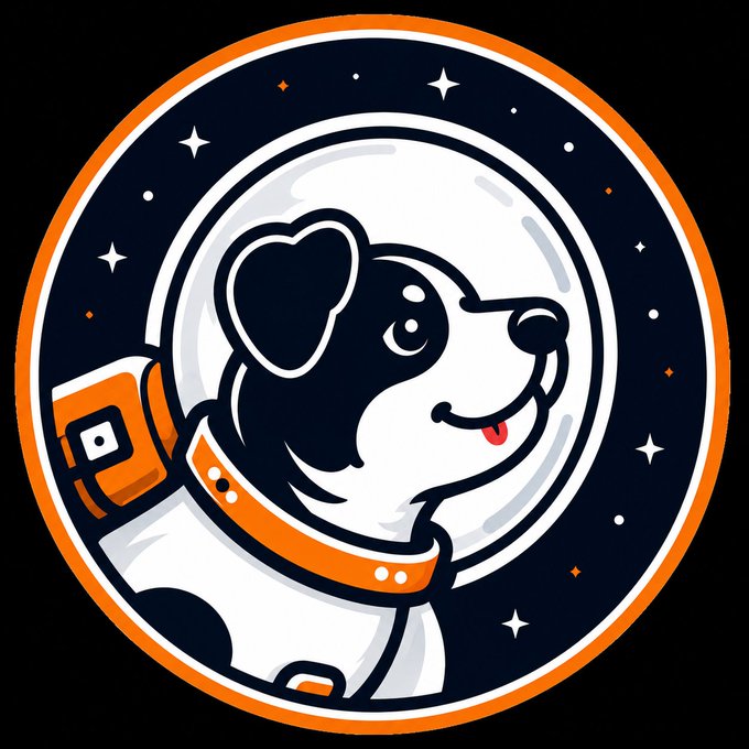 A circular cartoon logo featuring a black and white dog wearing an orange and white spacesuit and helmet, set against a starry dark blue background with an orange border.