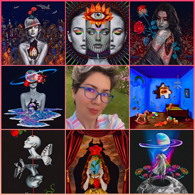 A 3x3 grid collage of surreal, psychedelic digital artworks featuring stylized figures with elaborate makeup, roses, butterflies, planets, and dreamlike environments, with a selfie of a person wearing blue-rimmed glasses in the center.