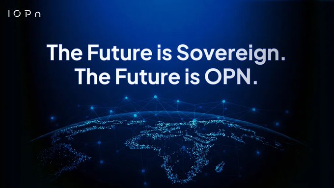 A dark blue graphic features the "OPN" logo in the top-left corner and a glowing, connected network overlaying a stylized globe, with bold white text reading "The Future is Sovereign. The Future is OPN." The imagery of a globally connected network reinforces the post's message about OPN Chain providing sovereign digital infrastructure independent of outside control.