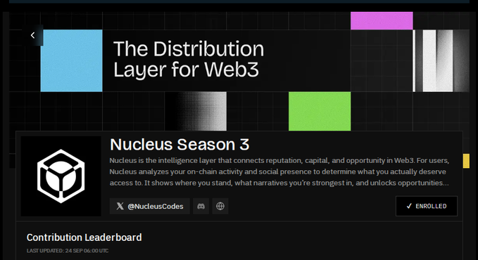 Screenshot of a webpage titled 'The Distribution Layer for Web3' promoting 'Nucleus Season 3,' describing it as an intelligence layer for reputation and capital in Web3, with @NucleusCodes listed as enrolled.