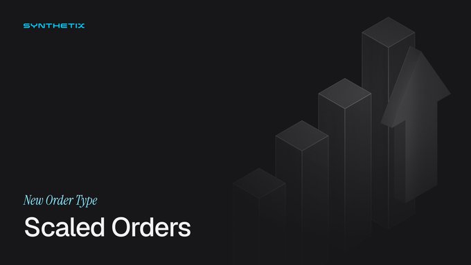 A sleek dark promotional graphic for Synthetix features an isometric 3D bar chart with ascending columns and a rising arrow, visually reinforcing the concept of scaling into positions. The bold text reads "New Order Type: Scaled Orders," directly tying the upward-progressing chart imagery to the automated, laddered entry and exit strategy being announced.