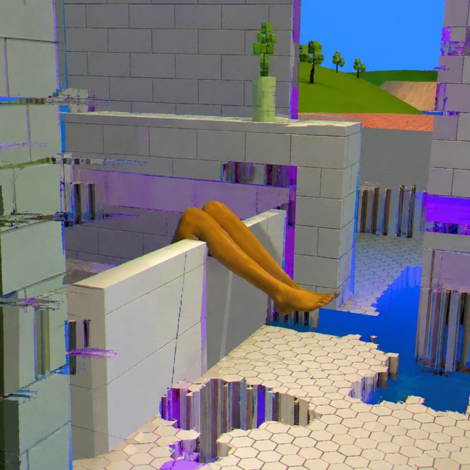 A surreal 3D-rendered scene featuring a pair of tan mannequin legs sprawled over a white block wall in a fragmented, colorful voxel-like environment with trees and sky in the background.