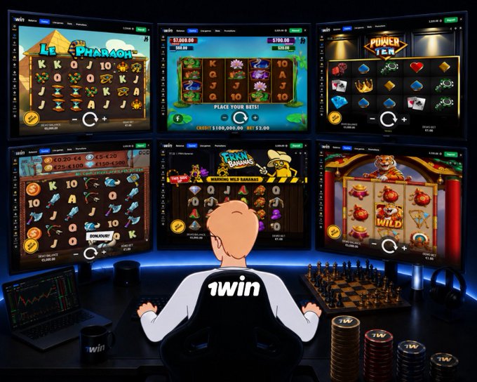 An illustration of a person wearing a "1win" shirt sitting at a desk with six monitors displaying various online casino slot games, including "Le Pharaoh" and "Power of the Mer," alongside a laptop showing trading charts and stacks of "1win" poker chips.