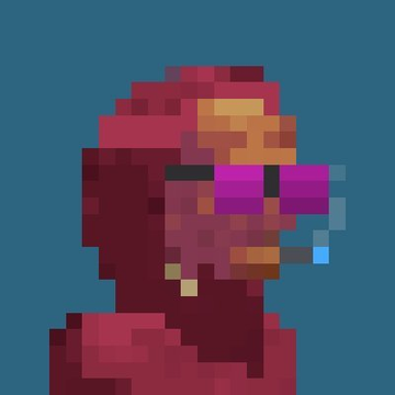 A low-resolution pixel art portrait of a figure with red hair wearing a red hood and futuristic purple-and-blue visor glasses against a dark blue background.
