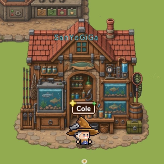 A pixel-art character named Cole stands in front of a charming fishing hut labeled "SanYoGiGa," decorated with fish tanks, fishing rods, and a "Cole" nameplate, matching the post's introduction of a new buddy who will teach fishing. The scene fits perfectly with the player's mention of preparing bait for their first catch in this cozy in-game fishing shop setting.