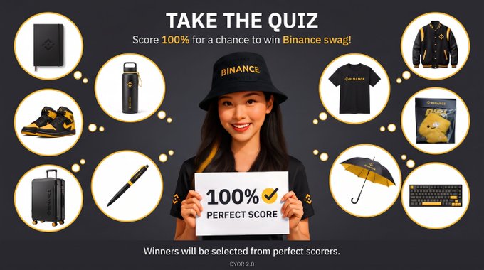 A promotional image for a Binance quiz where a smiling woman holds a '100% PERFECT SCORE' sign, surrounded by Binance-branded merchandise like a notebook, water bottle, shoes, luggage, pen, jacket, t-shirt, plush toy, umbrella, and keyboard.