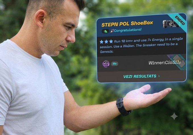 A man holding out his hand displaying a STEPN POL ShoeBox achievement notification: 'Congratulations! Run 10 km+ and use 7+ Energy in a single session. Winner: CioStlv' marked as ELIDED.
