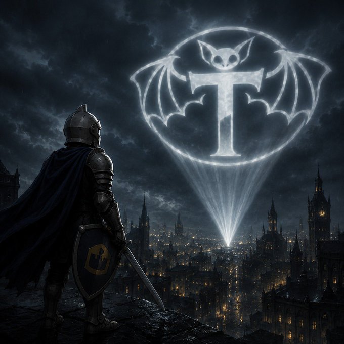 A dark fantasy digital artwork showing an armored knight in a cape viewed from behind, holding a sword and shield while looking out over a gothic city at night. A glowing white symbol combining a bat and the letter 'T' shines in the cloudy sky above.
