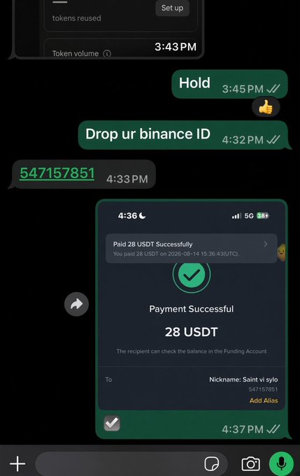 A WhatsApp chat screenshot showing a transaction for 28 USDT successfully paid to Binance ID 547157851 with the nickname 'Saint vi sĩo'.
