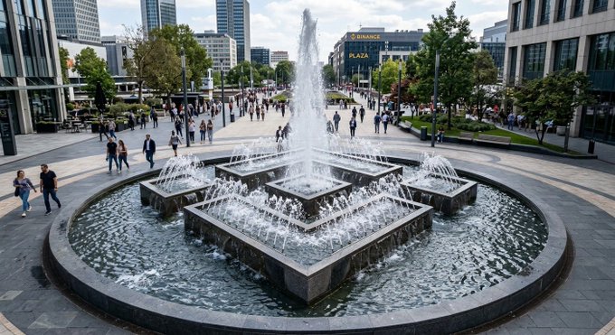 An elevated view of a large, ornate tiered fountain spraying water in a bustling urban plaza, with people walking around and modern office buildings (including signage for "KIRSCH PLAZA") in the background.