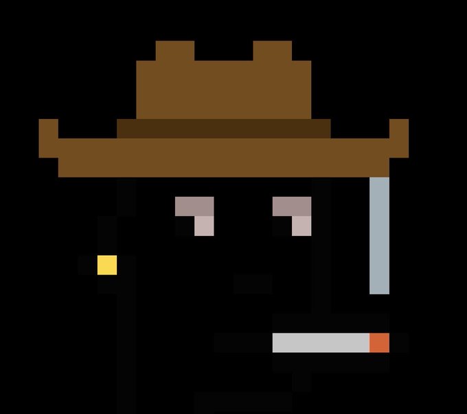 A pixel art character wearing a brown cowboy hat with an illuminated orange cigarette tip and a glinting earring against a dark background, matching the moody "Lights off, Cigarette lit" vibe described in the post for the $BNKR NFT collection.