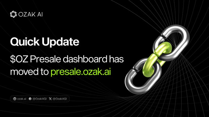 A promotional graphic for Ozak AI announces that the $OZ Presale dashboard has moved to presale.ozak.ai, featuring the company's logo, website (ozak.ai), and social handles (@OzakAGI), alongside a 3D chain link illustration symbolizing connectivity.
