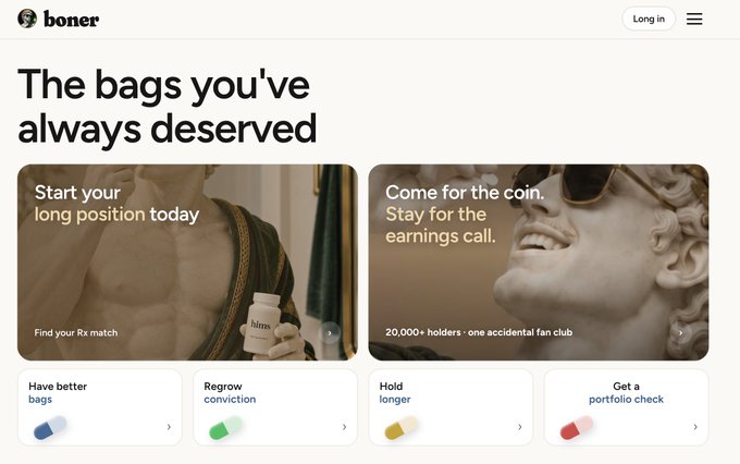 A mock website screenshot for 'boner' titled 'The bags you've always deserved', featuring financial and pharmaceutical puns like 'Start your long position today' and 'Find your Rx match'.