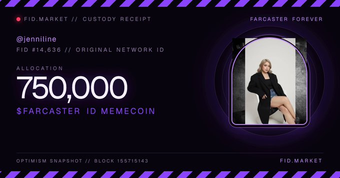 A purple digital 'Custody Receipt' from FID.MARKET for @jenniline, displaying an allocation of '750,000 $FARCASTER ID MEMECOIN' and 'FARCASTER FOREVER'.