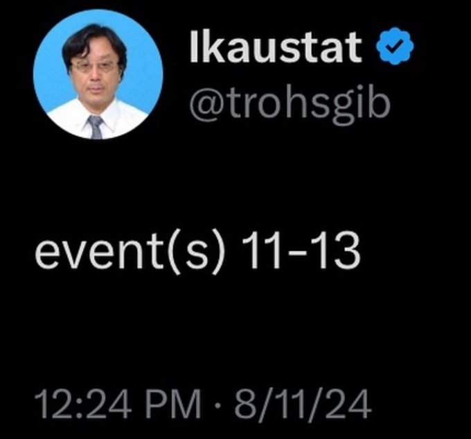 A screenshot of a tweet from user "Ikaustat" (@trohsgib) posted on 8/11/24 at 12:24 PM, simply stating "event(s) 11-13," which appears to be teasing a market-moving event expected to occur between August 11–13, aligning with the post's prediction of something significant happening.