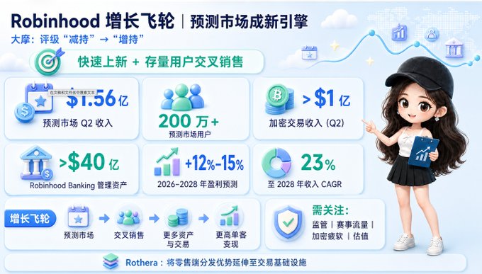 A financial infographic in Chinese about Robinhood (HOOD) discussing its prediction market growth flywheel, highlighting Q2 prediction market revenue of $156 million, 200 million users, and 23% revenue CAGR through 2028.