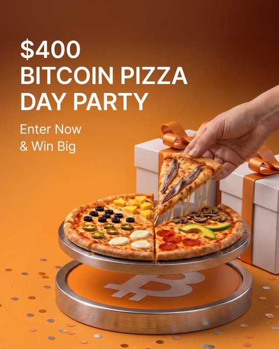 The image features a pizza placed on a silver tray with Bitcoin-themed decorations. Below the pizza, there's text announcing that $400 has been donated for a Bitcoin Pizza Day party. The text mentions winners who have earned Bitcoins at this event as well. Additional information about the Bitcoin party is also provided in the post.