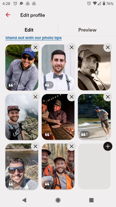 A screenshot of an 'Edit profile' screen on the Google app shows a grid of six user-uploaded photos of a man in various outdoor settings.