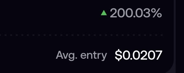 A dark-themed trading metric display shows a green upward triangle next to "200.03%" with an average entry price of "$0.0207" below it, indicating a significant gain on the "$AI" ticker mentioned in the post.