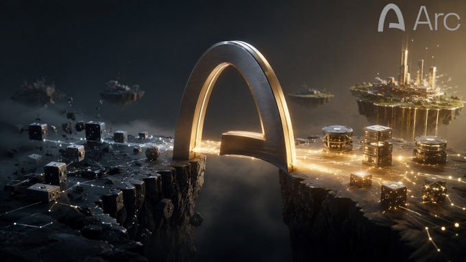 A dark, atmospheric digital art piece featuring the Arc logo prominently displayed above a glowing archway connecting floating islands with futuristic cityscapes and illuminated buildings.