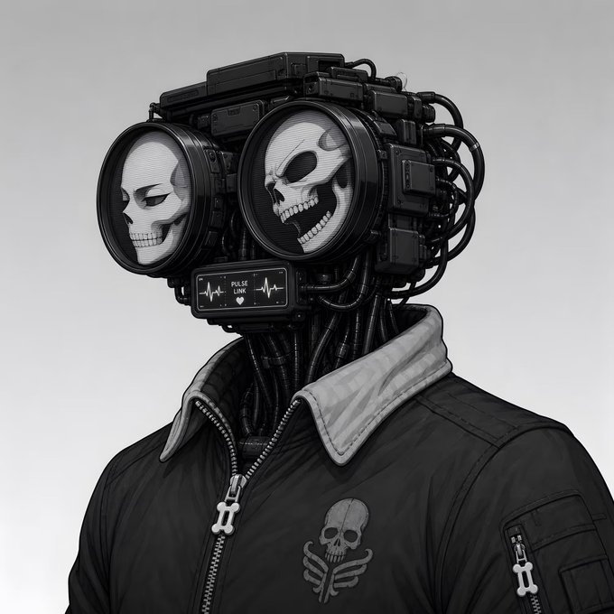 A monochrome digital illustration of a cyberpunk figure with a skull-faced head covered in cables and electronic components, featuring large circular eye lenses displaying skull faces, wearing a bomber jacket with a skull and bones logo.