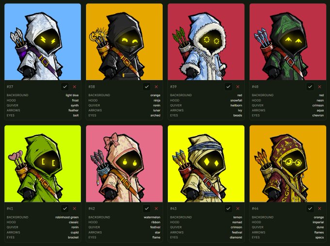 A grid of 8 cartoon hooded archer NFT characters (#37-#44) with various attributes like hood, quiver, arrows, and eyes displayed on colorful backgrounds.