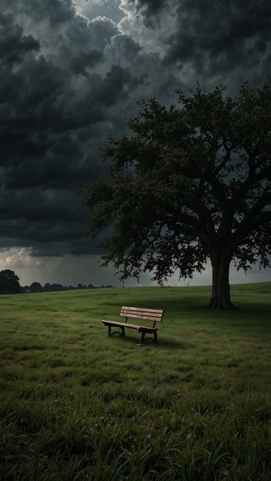 A lone wooden bench sits beneath a large tree on an open grassy field under a dark, ominous stormy sky. The bleak and tense atmosphere of the image reflects the uncertainty and turbulence often faced by traders, fitting for "GM Traders" navigating volatile markets.