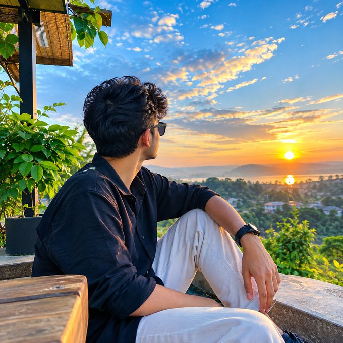 A young man with dark hair and sunglasses sitting on a balcony, gazing out at a colorful sunset over a landscape with distant mountains.