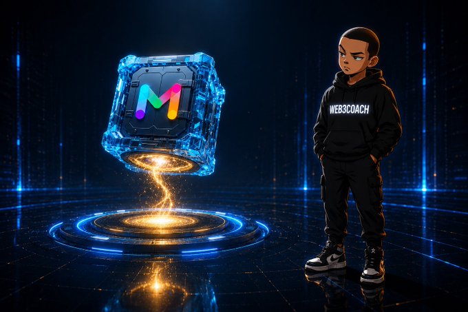The image features a young boy standing next to a blue cube that has the letters "M" and "C" on it. The boy appears to be wearing a black hoodie with the word "Happy New Month" written on it, suggesting that he is celebrating the new month of January. The background of the image is dark, which contrasts with the colorful cube and makes it stand out even more. The caption for this image reads: "GM and Happy New Month, CT! A new month demands a fresh discovery, and today I'M shining the spotlight on MarsChainCS".