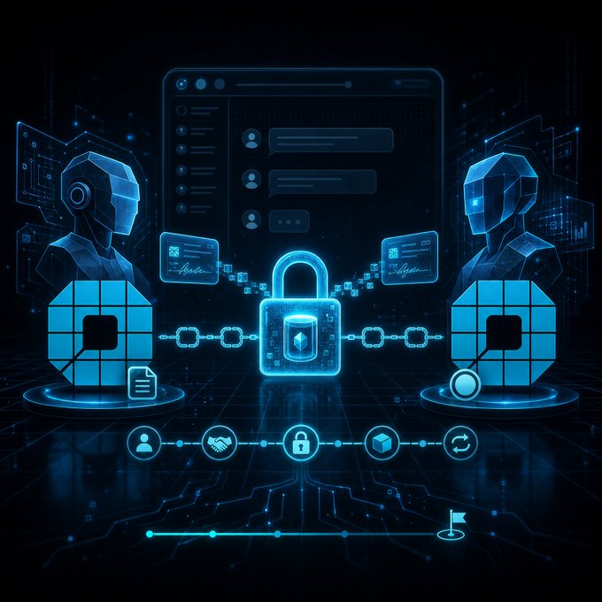 A blue-themed digital graphic illustrating blockchain technology with two robotic figures, a central padlock, and various security and transaction icons.