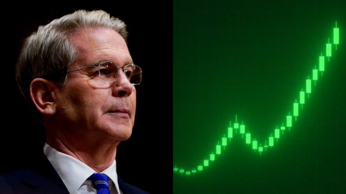 Scott Bessent, U.S. Treasury Secretary, is pictured alongside a green candlestick chart showing a strong upward market trend, visually representing his bullish outlook that the CLARITY Act will unlock $30 trillion for the crypto market this summer.
