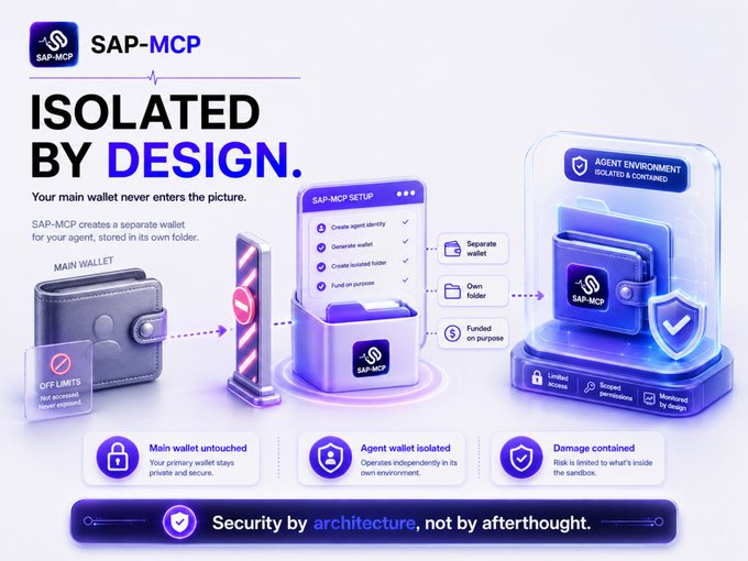 An infographic titled "SAP-MCP ISOLATED BY DESIGN" explaining how a main wallet creates a separate agent wallet in its own folder, with the tagline "Security by architecture, not by afterthought."