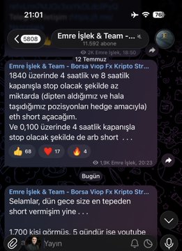 A Telegram group chat titled "Emre Işlek & Team - Borsa Viop Fx Kripto" displays messages discussing short positions on ETH, with one message stating "short açacağım" (we will open shorts) and noting a 0.100% decline with 4-hour chart resistance and a 1,900 strong opening, directly correlating with the post's claim about loading up on ETH shorts in Telegram.