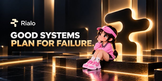 An anime character in pink sportswear sits pensively on a dark, glossy surface against a backdrop of glowing geometric structures, alongside the "Rialo" logo and bold text reading "GOOD SYSTEMS PLAN FOR FAILURE." The image visually reinforces the post's message about resilient infrastructure, with the thoughtful character reflecting on the calm, deliberate mindset required when systems must anticipate and handle unexpected failures.
