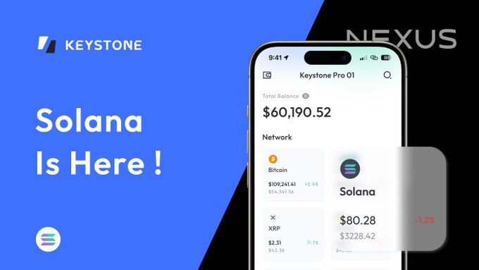 The image is a promotional graphic announcing "Solana Is Here!" on the Keystone hardware wallet, featuring the Keystone logo and "NEXUS" branding against a blue and black background, with a smartphone display showing the "Keystone Pro 01" interface displaying a total balance of $60,190.52 and network tokens including Bitcoin ($109,241.41), Solana, and XRP ($2.31), visually reinforcing the post's message about Keystone 3 Pro's strengthened self-custody support for Solana.